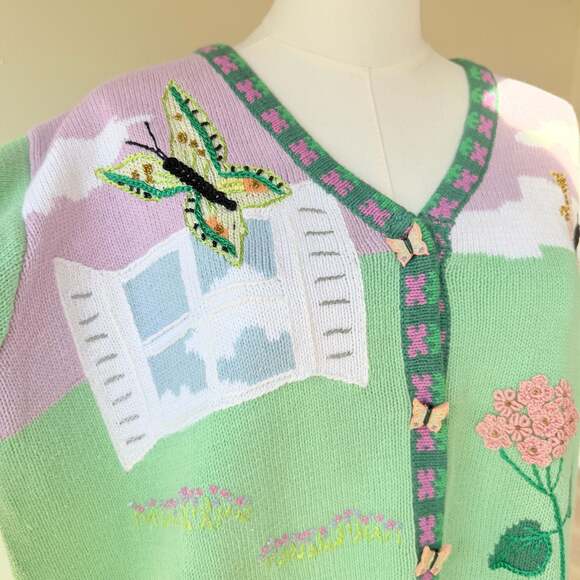 Storybook Knits Sweaters - Vintage Storybook Butterfly and Floral Garden Knit Cardigan Sweater